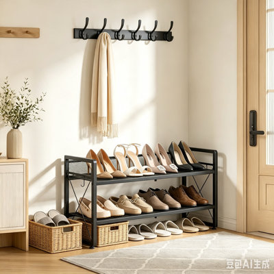 Adjustable Height 2-Tier Shoe Rack with 4 Hooks, Metal Stackable Shoe Organizer for Entryway, Closet, Garage, Sturdy Shoe Storage Shelf for Boots, Heels, Sneakers