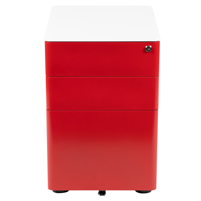 Stephana 3-Drawer Locking Mobile Vertical Filing Cabinet, White/Red