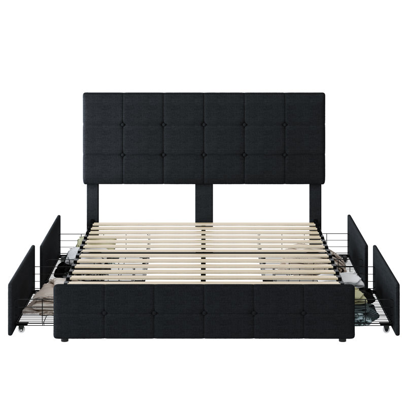 Ensemble de chambre à coucher 3 pièces, lit plateforme avec rangement à 4 tiroirs, 2 tables de chevet, Grand, Noir / blanc