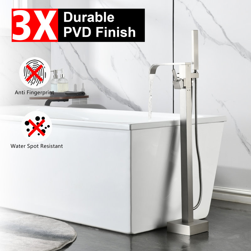 SUMERAIN Contemporary Brushed Nickel Floor Mounted Tub Faucet, Single Handle Freestanding Bathtub Faucet with Handheld Shower, Ceramic Disc Valve