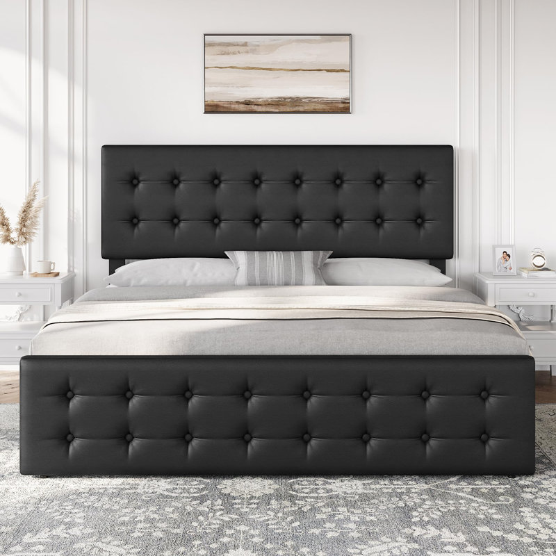 Bed Frame With Headboard And 4 Storage Drawers, Platform Bed Frame Square Stitched Button Tufted, Black, King