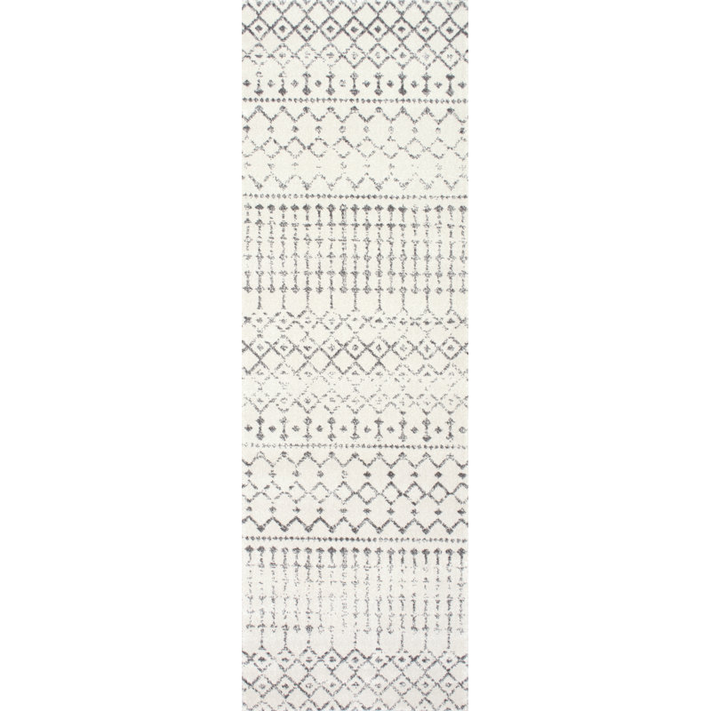 Giannini Geometric Moroccan Area Rug in Gray/ Off White, Runner 2'6" x 18'