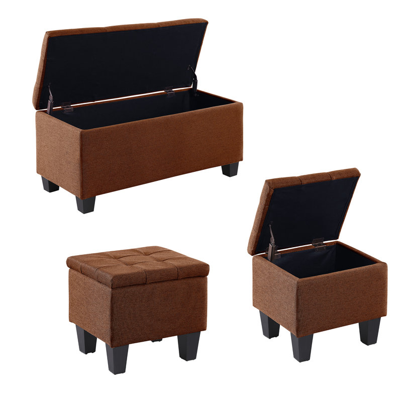 Deiara 3 Pieces Fabric Upholstered Storage Ottoman, Brown Linen