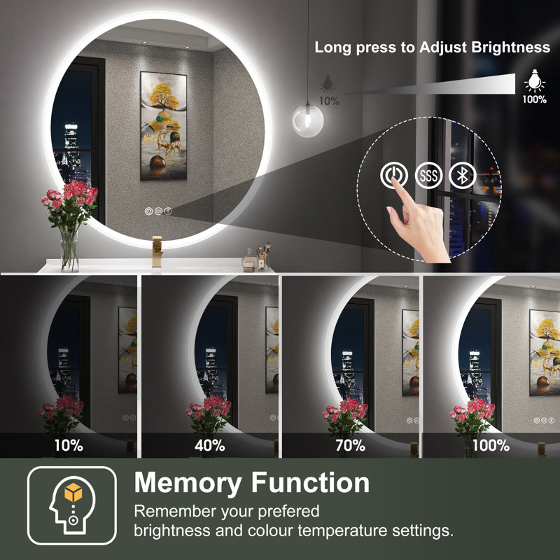 Epperly LED Round Bathroom Mirror with Bluetooth Dimmable Brightness Anti-fog Function, 32" x 32"