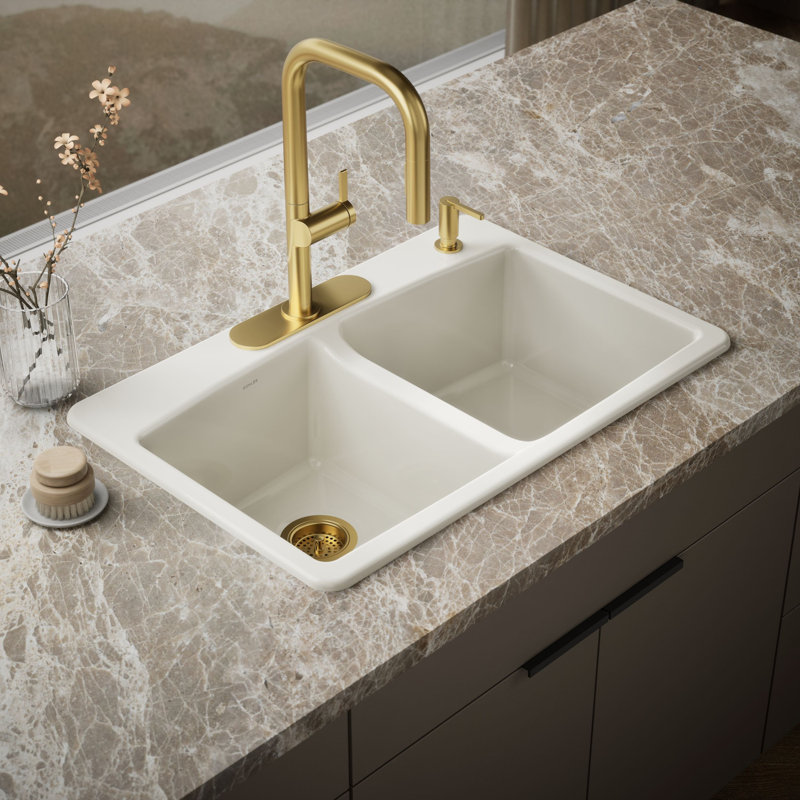 33" L x 22" W x 9-5/8" Top-Mount Double-Equal Kitchen Sink, Almond, 3 Hole