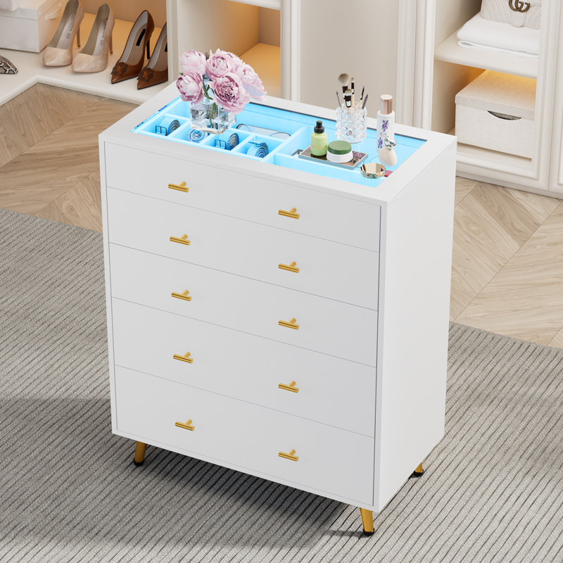 30.7"W 5 Drawer Dresser with LED Lights, 39"H Tall Chest Of Drawers For Bedroom & Wardrobe Closet Island With Tempered Glass Top & Jewelry Dresser & Glass Dresser, White