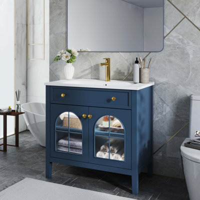 Lavabo de salle de bain 35,6 po Mid-Century avec verre à motif et bande de capteur de mouvement, meuble-lavabo sur pied Farmhouse avec rangement, meuble-lavabo haut de gamme pour salle de bain