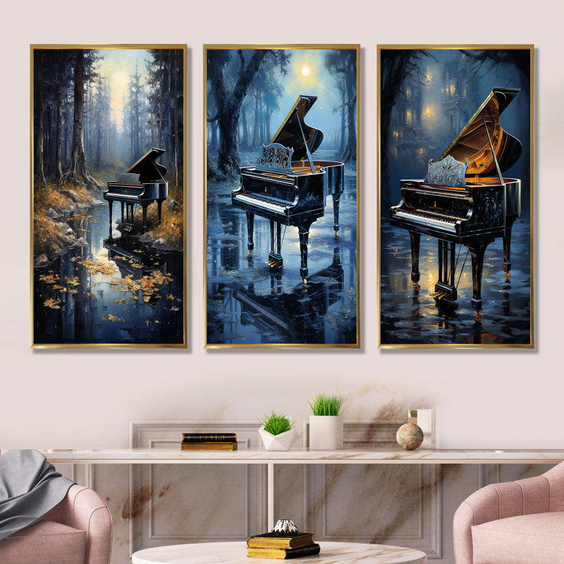 «Piano Forest Reflection - Music Piano», ensemble de 3 reproductions d'art sur toile, Cadre flottant doré, H 32 po x l 48 po
