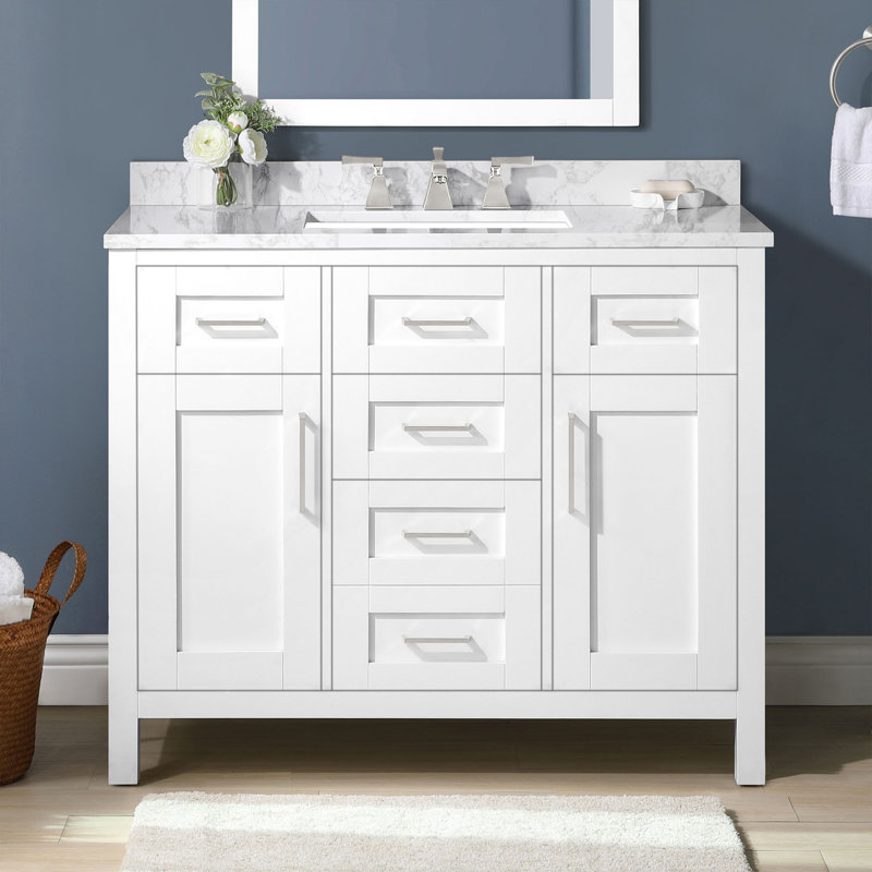 Tahoe 42 in. Pure White Freestanding Bathroom Vanity, Engineered Stone Top with Backsplash, Brushed Nickel Hardware, White