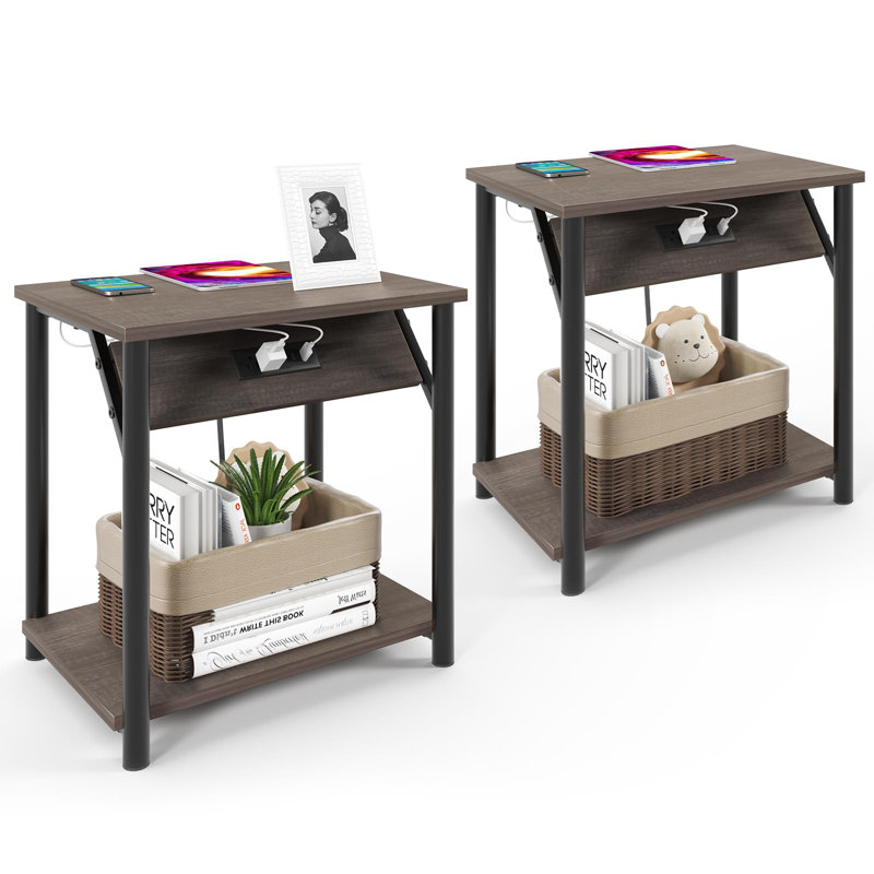 Simple Bedside Table with Open Storage Shelf, Charging Station, Easy to Assembly, Gray