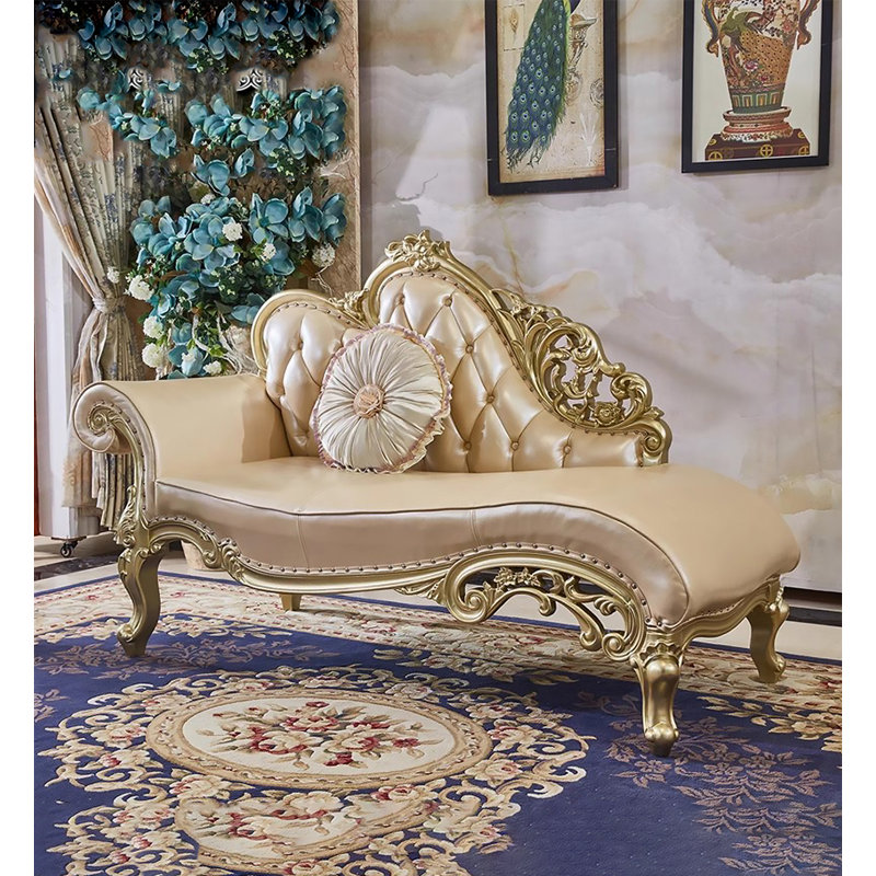 Chaise longue de style européen en bois massif, cuir et or sculpté, pour chambre et salon
