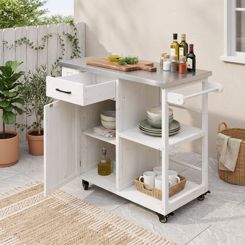 Chariot pour îlot de cuisine extérieur avec plan de travail et rangement en acier inoxydable, Blanc