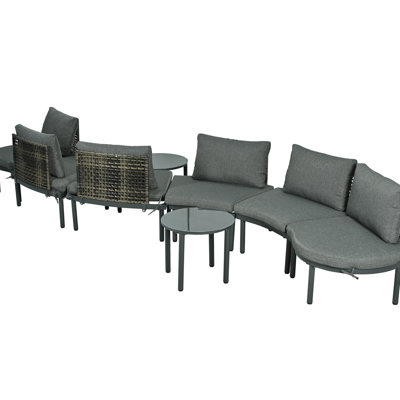 Outdoor Patio 8 - Piece : Half Moon Design, 2 High Low Round Tables, Pe , Aluminium Frame, 6 Cushions For Backyard Fun Time Sectional With , Coffee Tempered Glass,