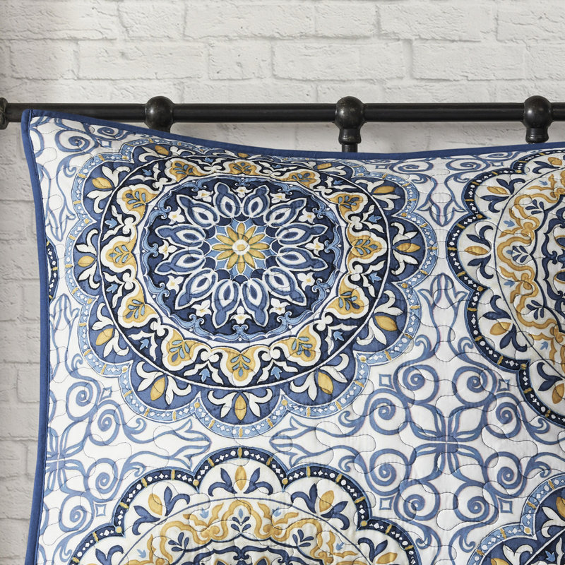 Courtepointe réversible 6 pièces - Literie lavable à la machine à broder à motif floral double / grand bleu avec coussins décoratifs 100%