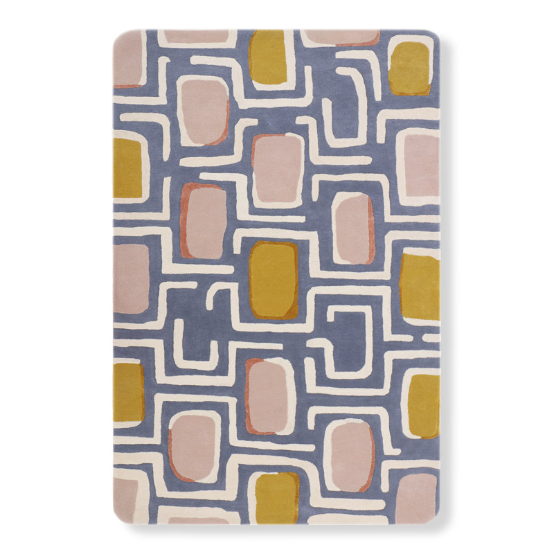 Tapis géométrique en laine touffeté bleu, Tapis de couloir 2 pi 6 po x 12 pi