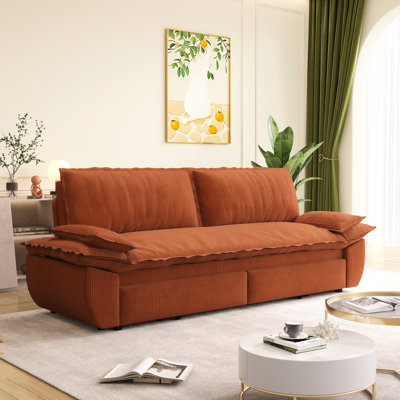 73.2" Queen Orange Corduroy Sleeper , 31 Convertible, Removable Cushion Cover Pull Out Bed, Soft And Supportive