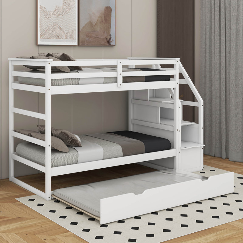 Lit superposé simple au-dessus de simple avec lit gigogne simple et 3 escaliers de rangement, Blanc