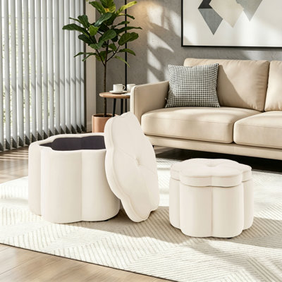 Set of 2 Flower-Shaped Storage Ottomans, Upholstered Foot Stools with Lids, Velvet Tufted for Living Room, Bedroom