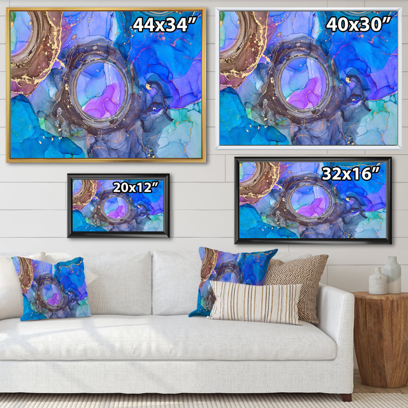 Bleu abstrait luxueux fluide - peinture sur toile, H 34 po x l 44 po, Cadre flottant noir