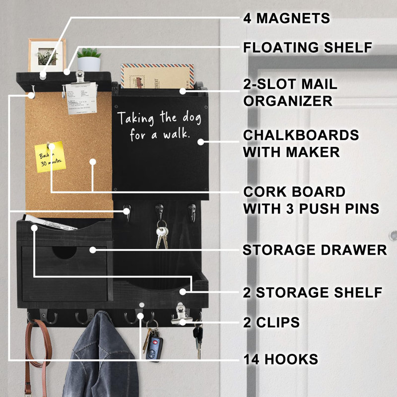 Black Pine Wood Wall Mounted Key and Mail Organizer with Chalkboard and Corkboard