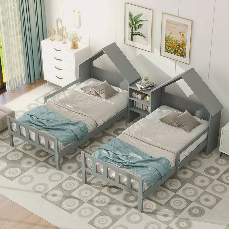 Lit plateforme simple double avec tête de lit en forme de maison et table de chevet intégrée, Gris