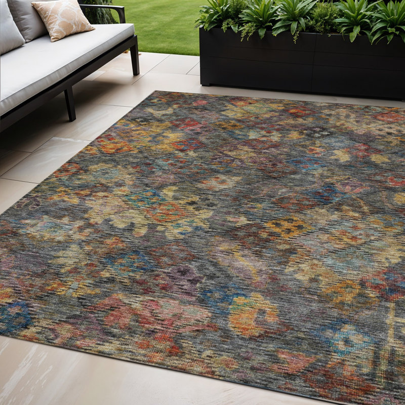 Tapis extérieur lavable floral gris et vert terre cuite 5 pi x 8 pi