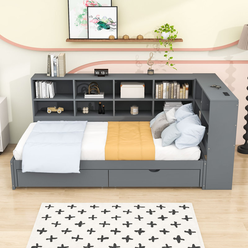 Twin XL to King Wood Daybed with 2 Drawers, Shelves, LED Light and Charging Station, Gray