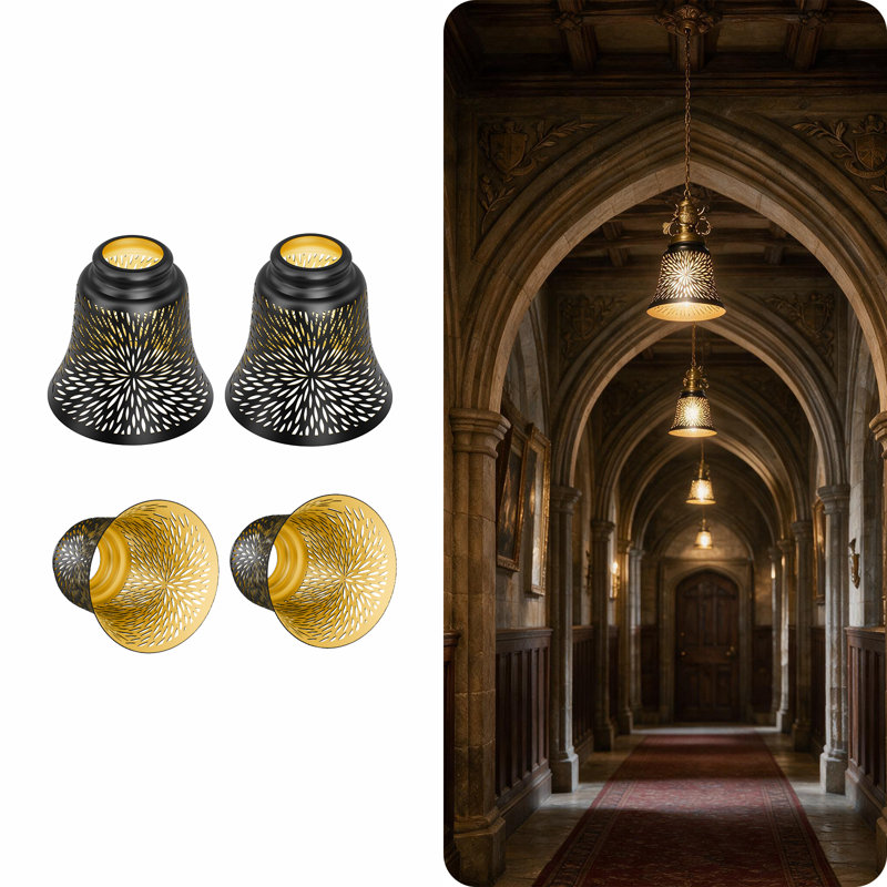 Ceiling Fan Replacement Globes, 4 Pack Chrysanthemum Pattern Fixture Replacement Globes Shades with 1-5/8" Fitter, ALUCSET 4.5" Height and 4-3/4" Diameter, Metal Cover for Pendant Lamp Wall Lamp