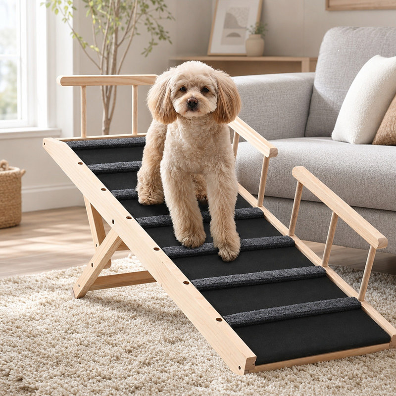Rampe pliante en bois pour chien, 120 cm (47,2 pouces), réglable en hauteur (6 positions), pour lit, canapé et voiture, avec revêtement antidérapant en caoutchouc et capacité de charge de 113 kg (250 livres), marron