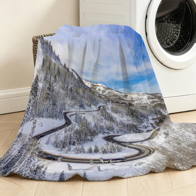 Jeté en flanelle bleue ultra douce en molleton, imprimé simple face montagne