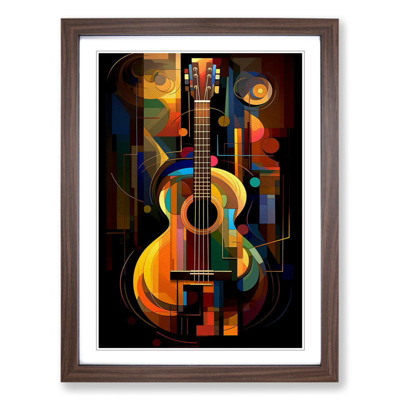 Acoustic Guitar Art Deco No.2 - Single Picture Frame Print on Wood, 46cm H x 34cm W, Walnut Framed