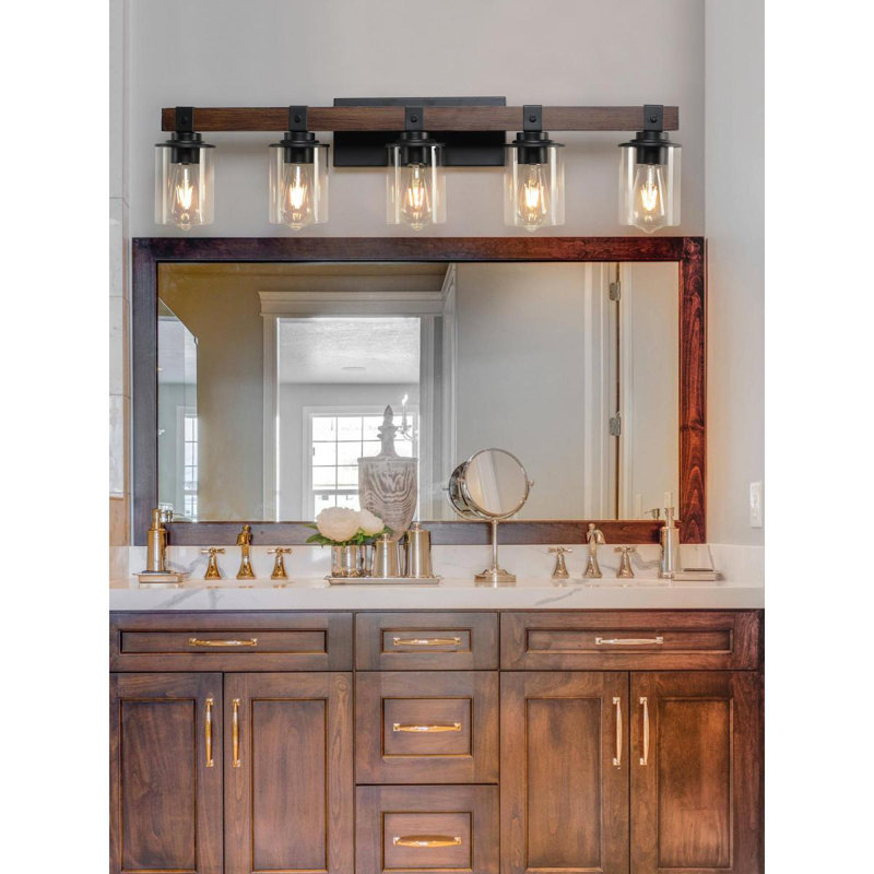 Applique murale de salle de bain 35 lumières rustique 35 po avec abat-jour en verre et accent de bois, luminaire de maison de campagne moderne (sans ampoules)