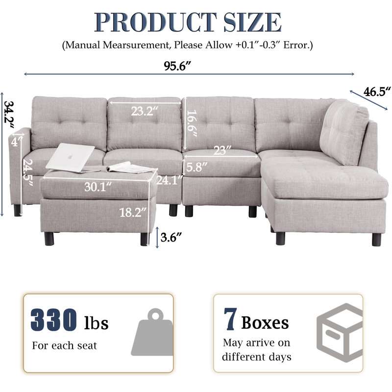 Kentrell Upholstered Sectional Sofa, Light Gray Linen