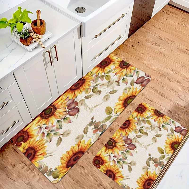 Tapis de tournesol en aquarelle, tapis de flanelle antidérapant 2 pièces pour la cuisine et le salon