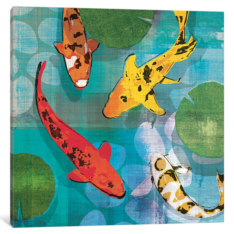 « chanceux koi i », reproduction d’art sur toile tendue, H 16 po x l 16 po x P 1 po, Papier d'art encadré noir, Blanc