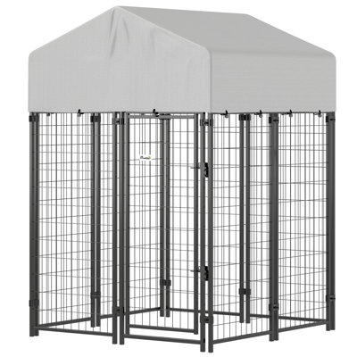 Enclos extérieur pour chien avec toit, 122 x 122 x 183 cm, en grillage soudé robuste avec verrou anti-fugue