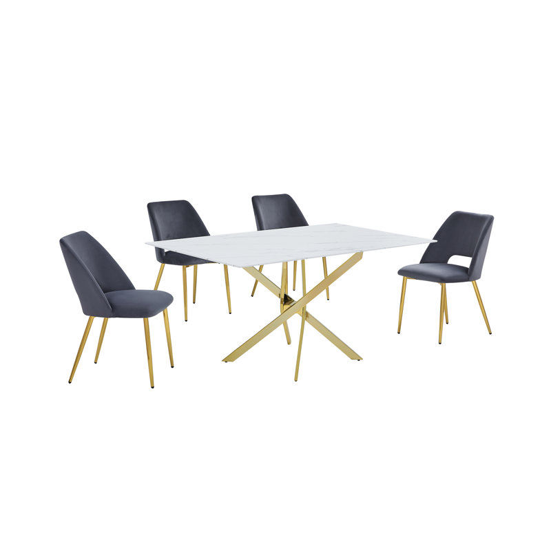 Ensemble de salle à manger en verre avec revêtement en marbre et chaises d'appoint rembourrées, Gris