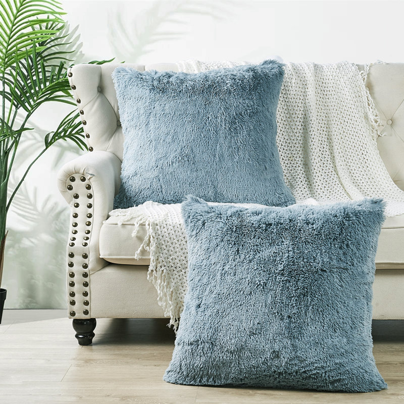 Housse de coussin européen à poils longs, Bleu argenté