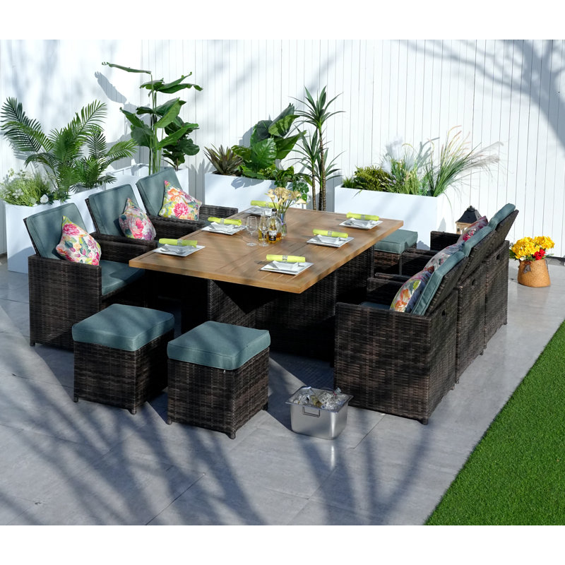 6 - Person Patio Dining Set Umbrella Hole Included Rectangular Table with Cushions Included, Celadon, Brown