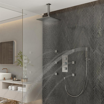 3-Function Luxury Ceiling Mount 12 Inch LED Thermostatic Shower System with 6 Body Jets