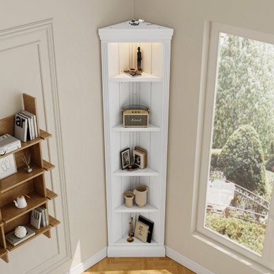 Étagère d'angle moderne de 83,4 po de hauteur, bibliothèque d'angle à 5 niveaux avec éclairage à DEL, étagère de rangement sur pied, présentoir de plante à angle ouvert pour petit espace de salon, coin mural, bureau personnel, blanc