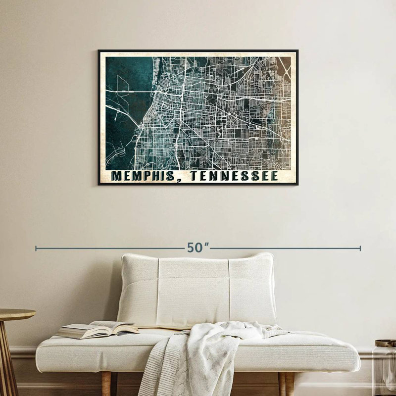 Carte rétro de la ville de Memphis, Cadre flottant noir, 37 po x 25 po