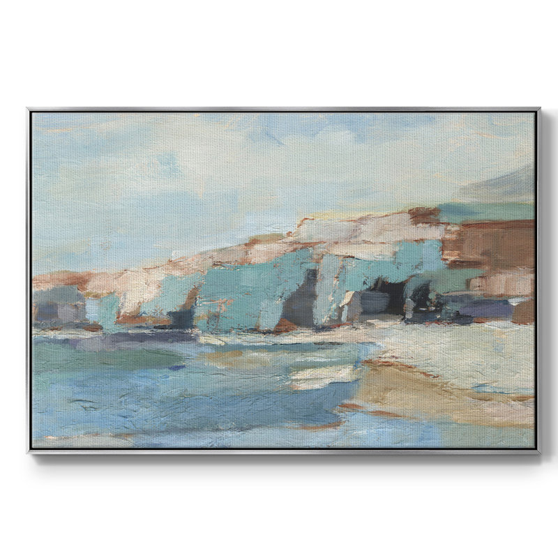 Mur de falaise turquoise II, Toile argentée avec cadre flottant, H 27 po x l 41 po x P 2 po