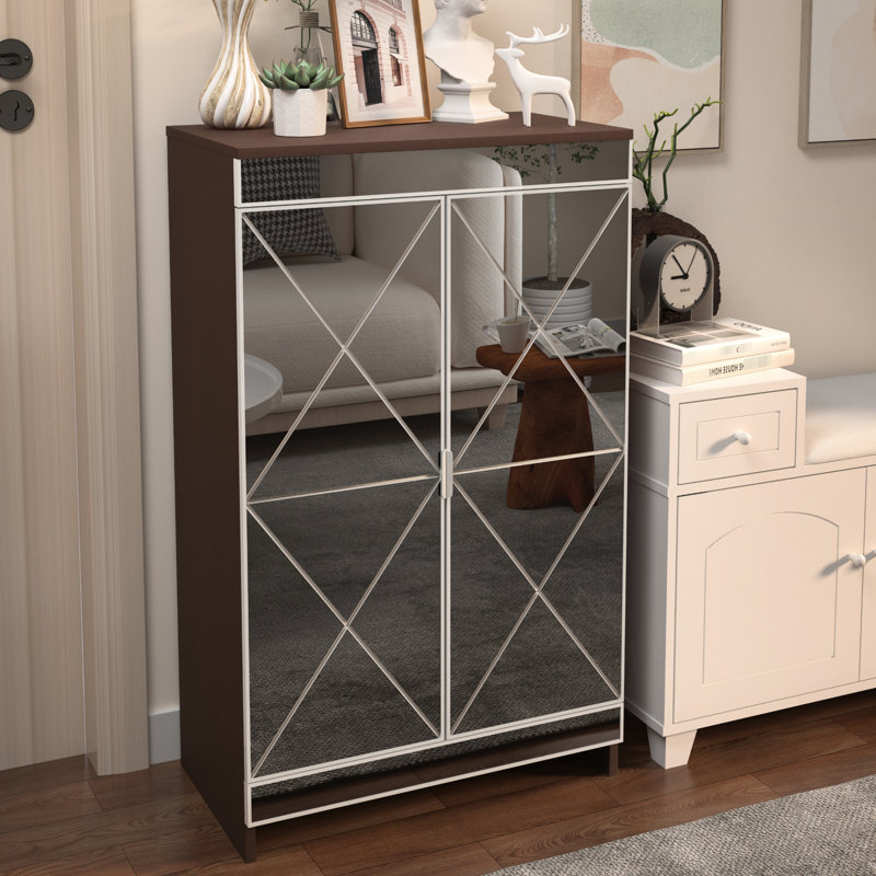 Modern Double Door Mirrored Shoe Cabinet - Brown, Frosted Glass, Silver Accents For Entryway Storage Edging