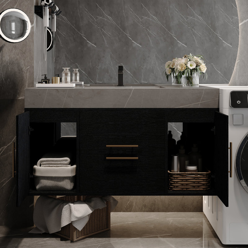 Meuble-lavabo simple flottant contemporain simple de 39,4 po avec comptoir en faux marbre, 2 tiroirs, armoires, lavabo en céramique - trop-plein, poignées en métal et bois émaillé massif