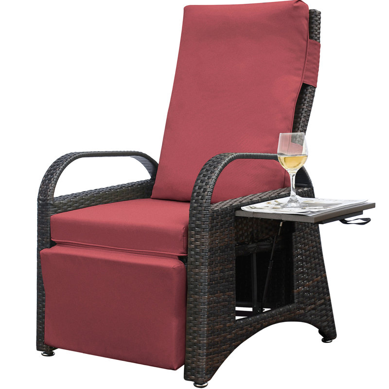 Patio Recliner With Adjustable , Hand - Woven , And Water Fabric, Red Outdoor Secure Buckle Adjustment, Built In Table, Material, Brown +