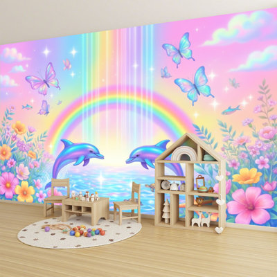 Peel and Stick Wallpaper 96" L x 69" W Modern Self Adhesive Wall Mural for Bedroom - With Seamless trendy iridescent rainbow Print