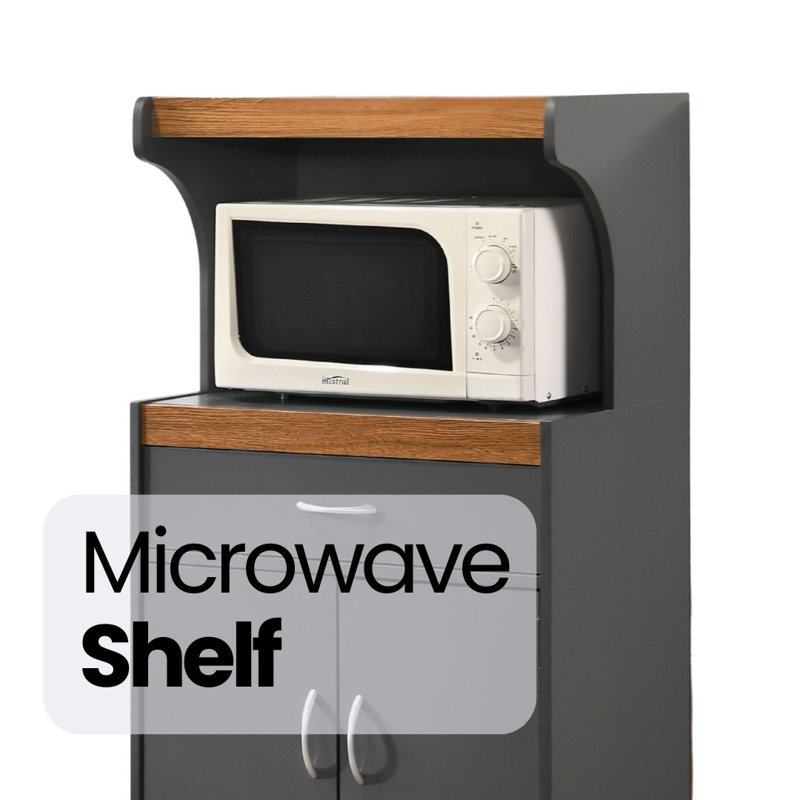 Rolling Kitchen Cart with  Microwave Shelf, Utensil Drawer, Interior Cabinet Storage Space and Locking Wheels, Gray