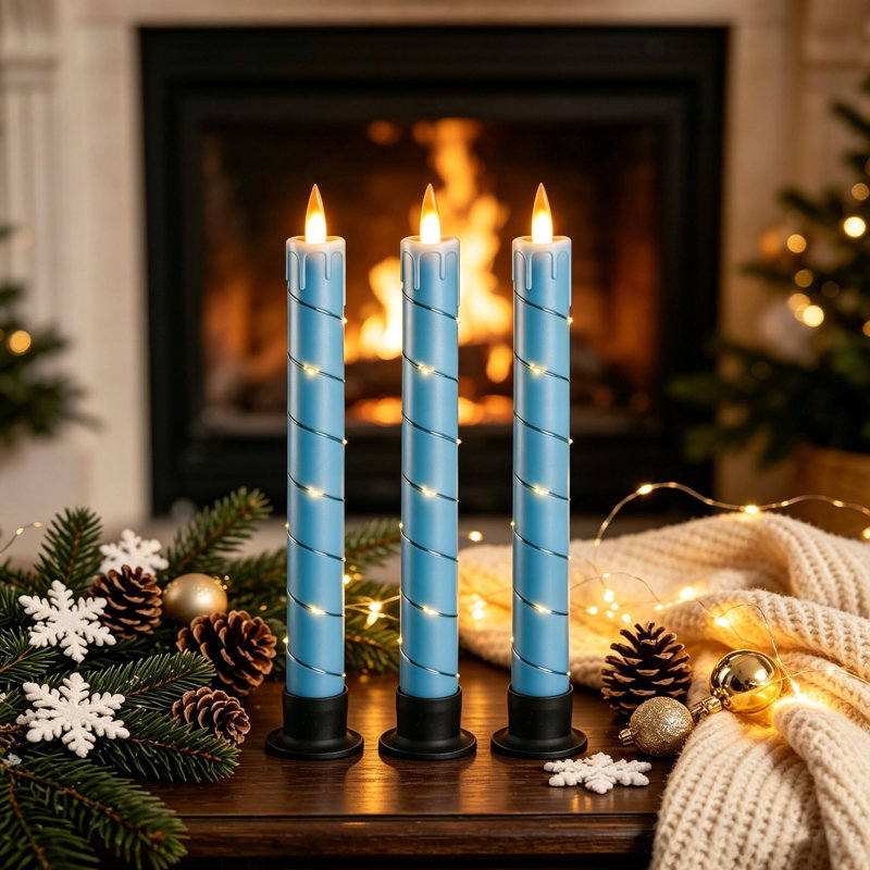Unscented Flameless Taper Candle with Plastic Holder, Blue
