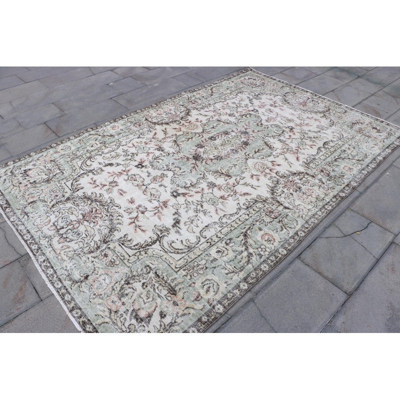 Grand tapis turc rétro Anatolian pour salon - Tapis vert en laine à motif géométrique